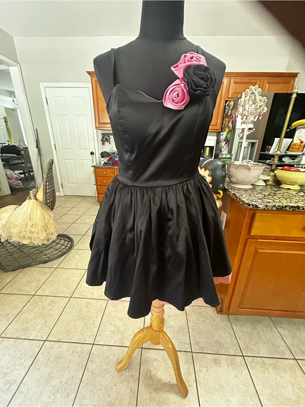 Bettie Page Black Cocktail Dress with Pink Rosette Detail